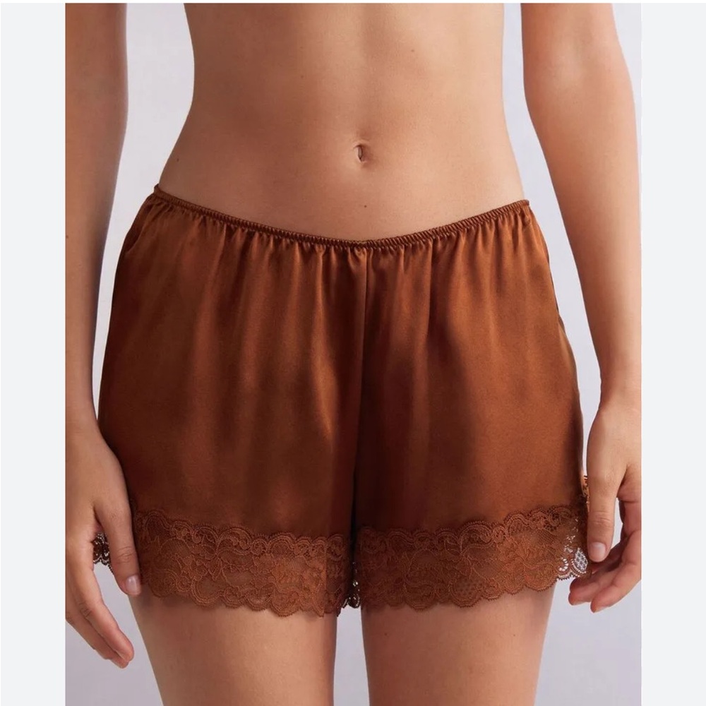 intimissimi Brown Satin Lace-Trim Sleep Shorts